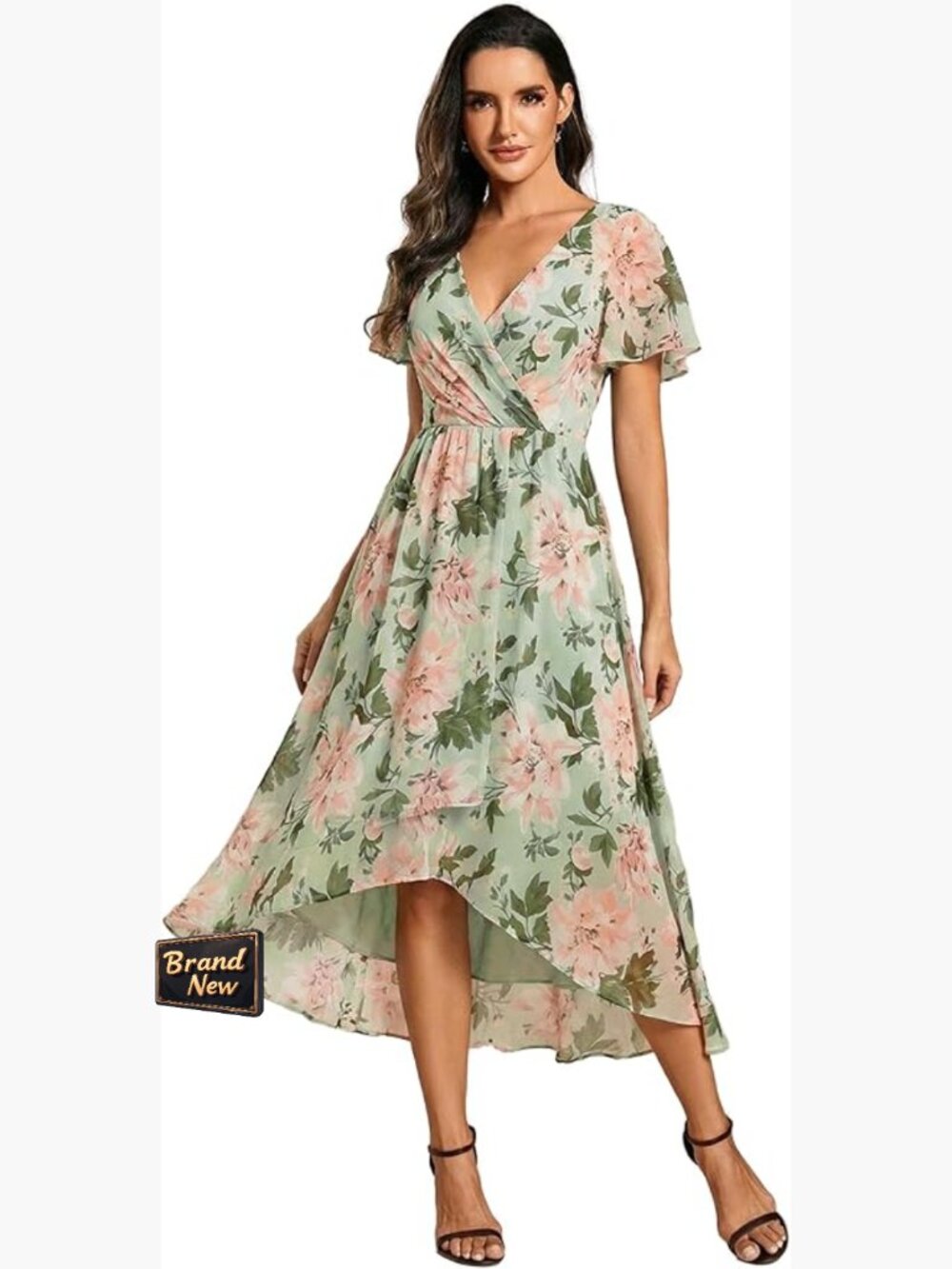 Ever-Pretty Chiffon Midi Dress V-Neck High Low Ruffle Sleeve Semi Formal